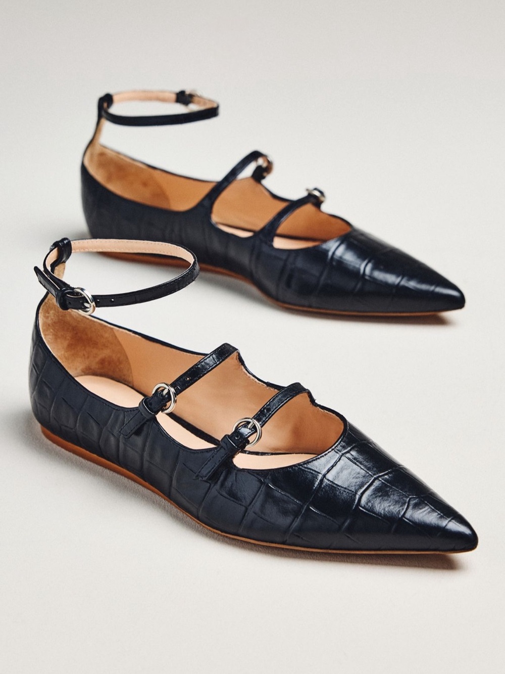Anthropologie Black Croc-Embossed Pointed T-Strap Flats - Picture 2 of 6